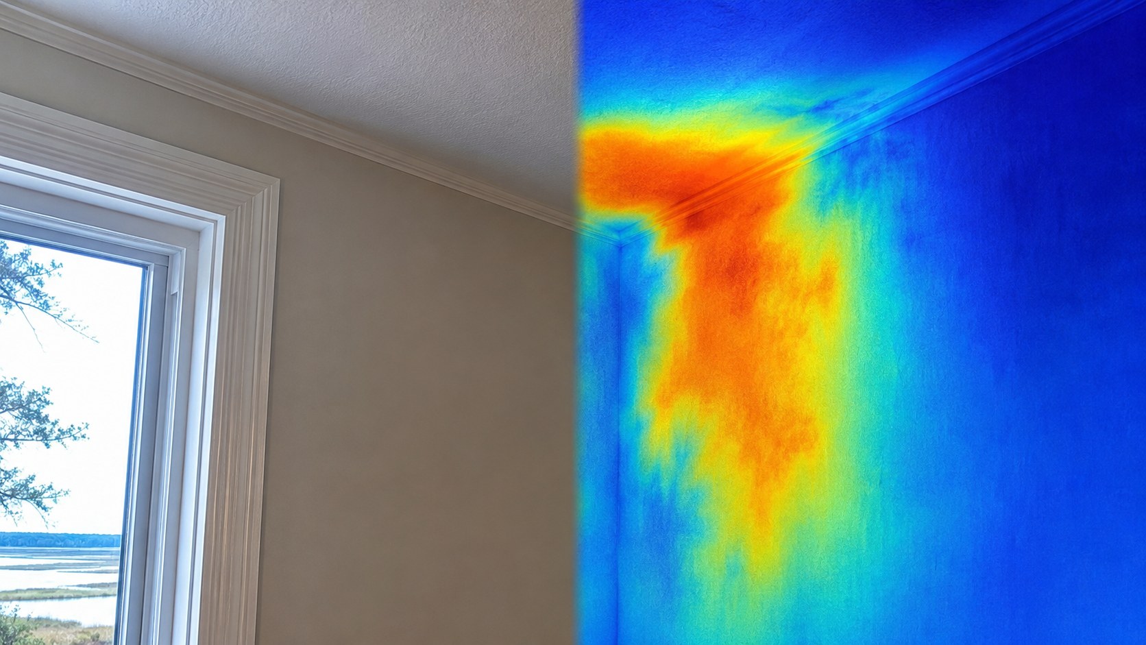 Split view of an interior wall — normal on the left, thermal heat-map on the right revealing hidden moisture behind the drywall